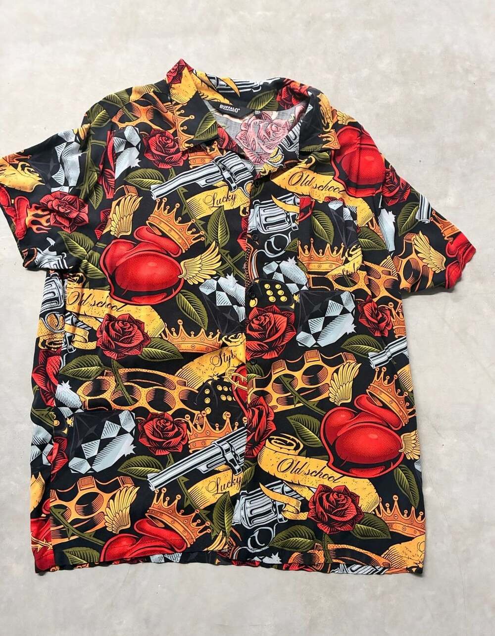 Buffalo Outdoors Men's Rayon Button Up Biker Tattoo Art Old School Lucky Shirt 3
